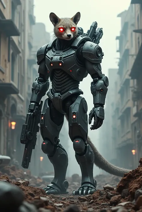  create a 4k quality 3d fantasy picture against the backdrop of a city destroyed by war ,Terminator in the shape of a mongoose with a wide variety of weapons mounted on his body,with menacing red eyes 