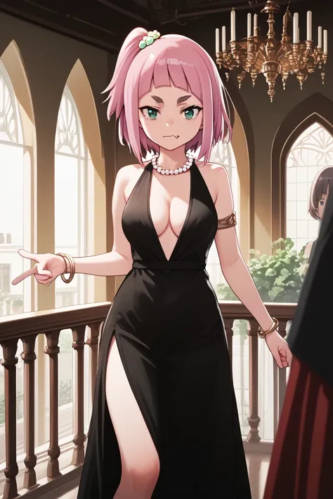 source_anime,
kiuiwatase, kiui watase, short hair, bangs, hair ornament, green eyes, pink hair, thick eyebrows,blunt bangs,
skin fang, large breasts, cleavage,                         looking at viewer, standing, pointing at self, evening gown, long dress,...