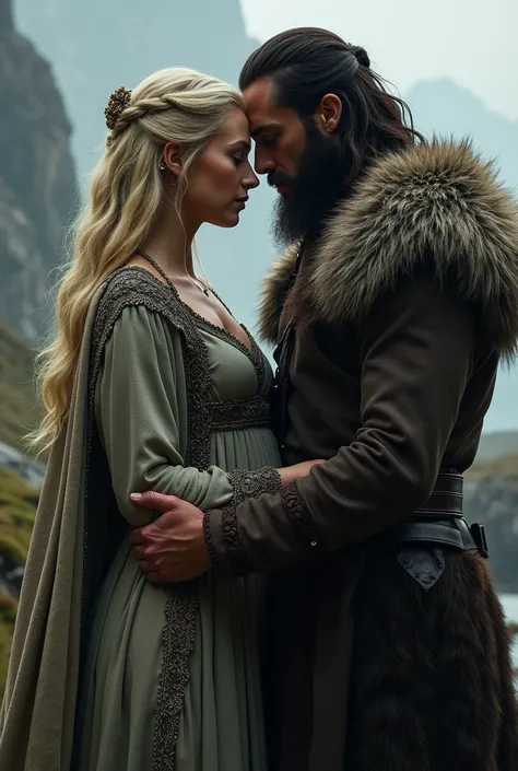 Blonde viking princess standing face to face with dark long haired viking king. His hand on her belly while they kiss