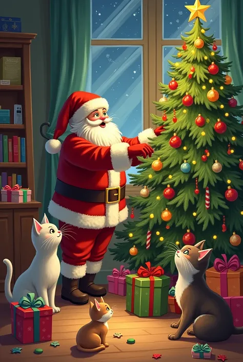 After the cats decorate the Christmas tree, Santa Claus brings them gifts