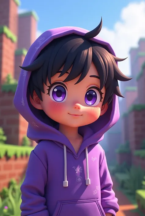 Make A Cute anime boy character wearing (purple hoodie) with animated Minecraft background or purple eyes