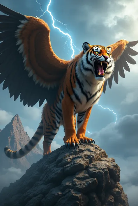 An enormous tiger-eagle hybrid stands atop a craggy mountain peak under a stormy sky. The creature combines the tiger’s muscular frame with the eagle’s powerful wings and sharp talons. Its face is a blend of feline ferocity and avian sharpness, with glowin...