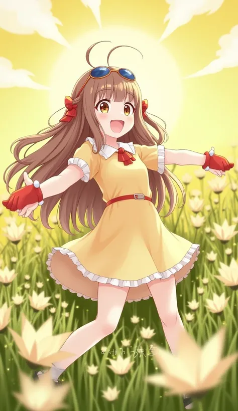 1 girl, Fusionist  ( Phantom Brave ),   brown hair, light  brown hair,  light brown eyes, Googles, Antennas,  twin fringes ,  Christmas gloves ,  long hair,  small breasts , happy smile,  dancing in a field of flowers, sun, sun rays,  open arms,  light yel...