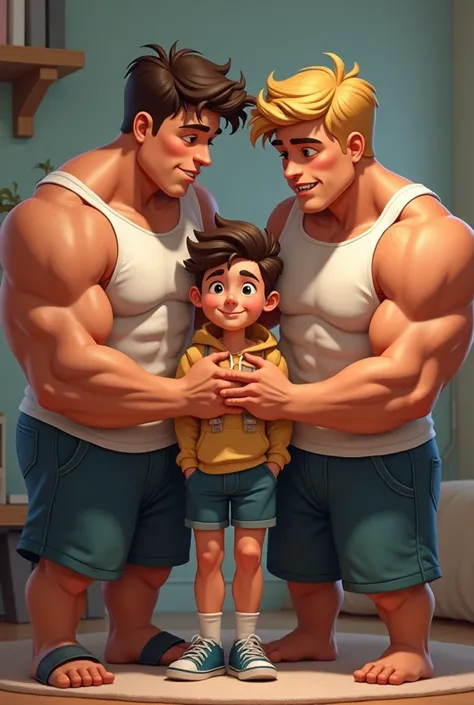 Two muscular teenage boys squish there short friend between them