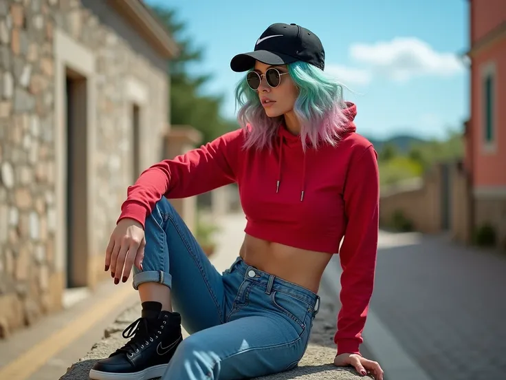 beautiful croatian woman with asymmetrical gradient blue and pink hair and green eyes, sitting on a worn stone wall wearing sunglasses and a nike cap and tight red crop top shirt with hood and short jeans and black nike hi-top sneakers, looking aside on he...