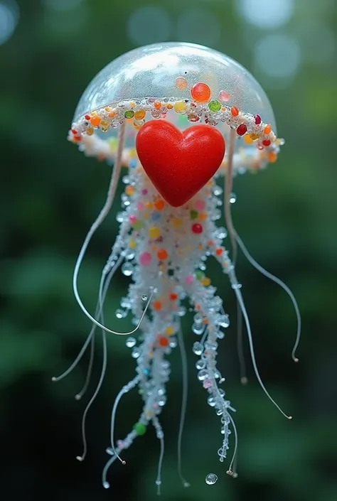 A jellyfish floating in the air, made of multicolored transparent debris. Inside, there is a red heart made of the same rubbish on a green background.