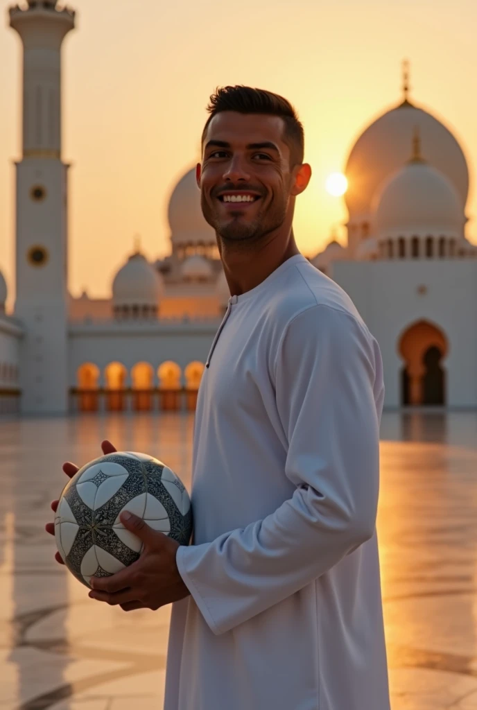 "Generate an ultra-realistic image of Cristiano Ronaldo standing in front of the Prophets Mosque in Medina, Saudi Arabia, at sunset. Hes wearing a traditional white thobe and holding a football, with a gentle smile on his face. The mosques intricate archit...