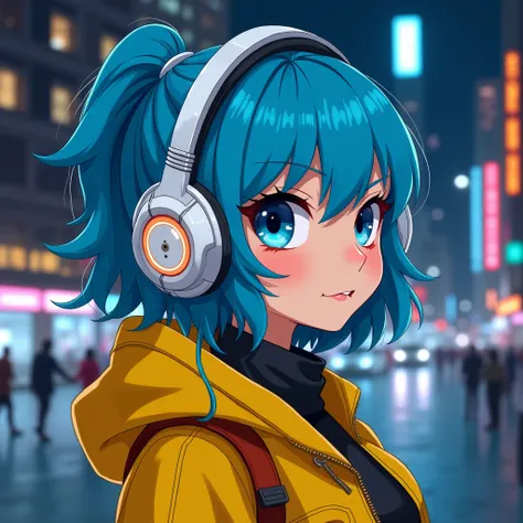 
Cyberpunk style, female character, blue hair, large eyes, wearing white futuristic headphones, yellow jacket, side profile (facing left), background of a cityscape at night, cool and chic appearance, sharp facial expression, adult woman
