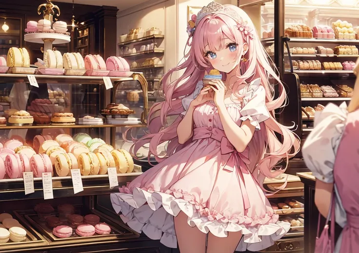 A beautiful girl is wearing a pale pink fluffy dress and holding colorful macarons in her hands. She is smiling gracefully and her eyes are sparkling. In the background is Pierre Hermés sophisticated patisserie, where luxurious sweets lined up on the shelv...