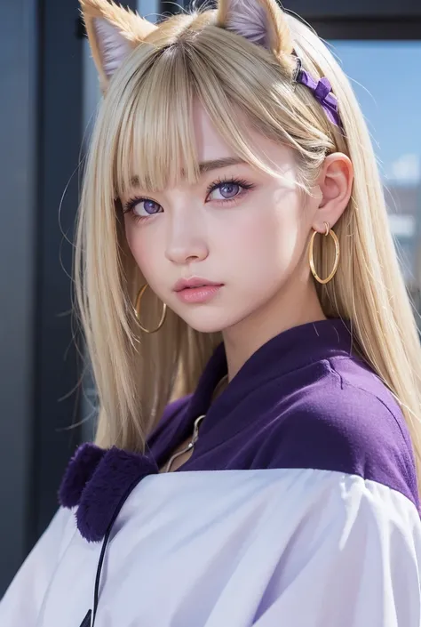  One girl , purple eyes,  wolf ears,  hoop earrings,  shortcuts, Blonde, 