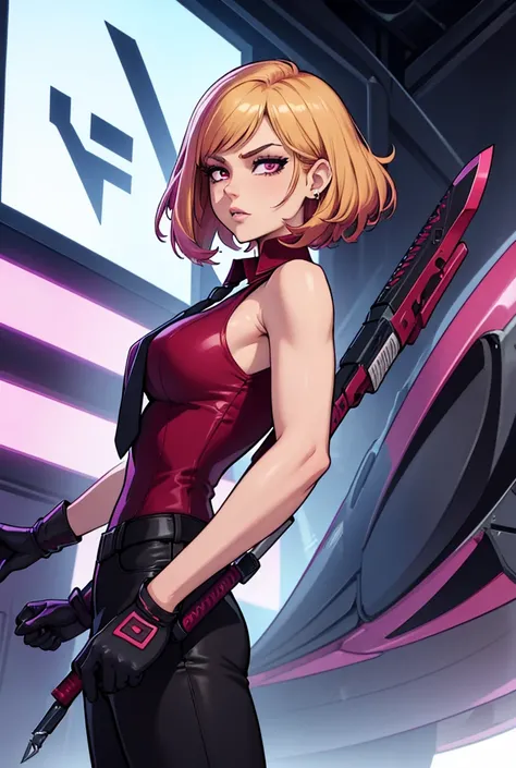 cartoon of a standing character , colorful, EXPERIENCED WOMAN,  special agent lady with burgundy eyes ,  with short blonde emo hair with fringe ,  tight sleeveless blouse with elegant tie and tight burgundy dress pants , of gloves,  accessories with futuri...