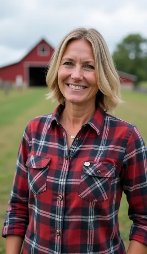 A 37-year-old woman in a plaid shirt, standing on a farm with a barn in the background.