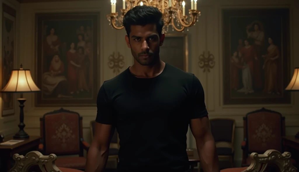 A indian handsome man waring black t shirt standing in a dark lavish room of palace in rajasthan in mid night time in 1980 in dark and horror theme close view 