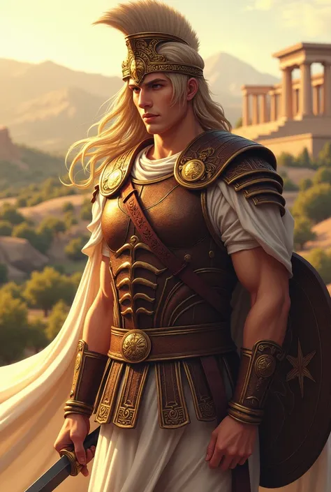 an ancient Greek king , Young,  ancient Greek brown armor ,  wearing an ancient Greek gold tiara, wearing white clothes,  Long hair,  anime style , Ancient Greece scenery, Year 1500 a .c.  holding a sword and shield. 