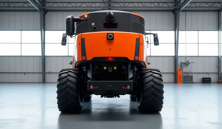 2025 claas lexion 760 combine orange shiny back view in showroom