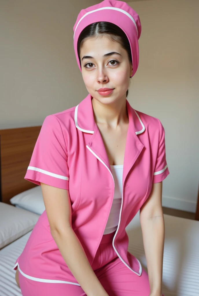 a beautiful young nurse, detailed facial features, beautiful detailed eyes, beautiful detailed lips, extremely detailed face, long eyelashes, pink nurse uniform, sensual expression, photorealistic, 8k, high quality, hyperrealistic, vivid colors, perfect li...