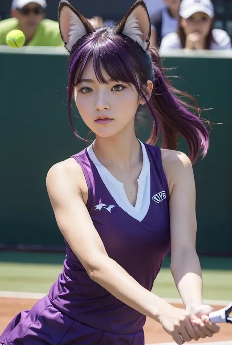  One girl , Purple Hair,  red eyes, Fox Ears,  playing tennis