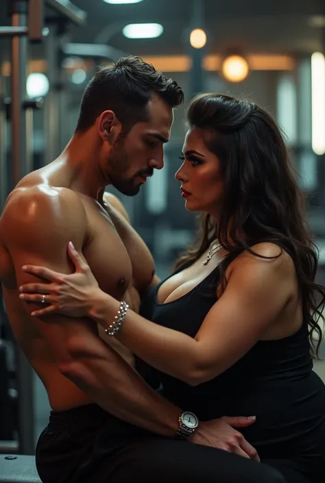  Very handsome naked muscular trainer, a tanned young man is lying on exercise equipment. An obese woman with dark makeup seduces a man. Very realistic expression at the gym 