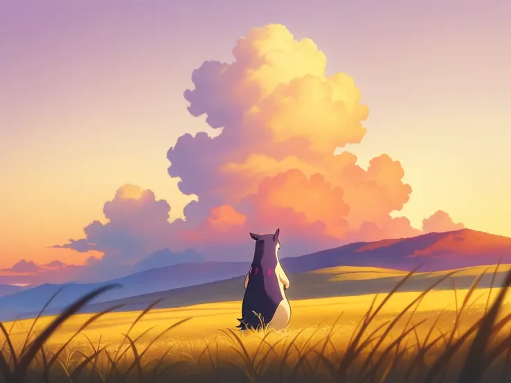 masterpiece, best quality, highly detailed, single Pokemon Typhlosion standing alone on a hilltop, centered composition, side-back view with clear profile visible, head tilted up at 45 degrees gazing at the warm sunset sky, distinct side view of sorrowful ...