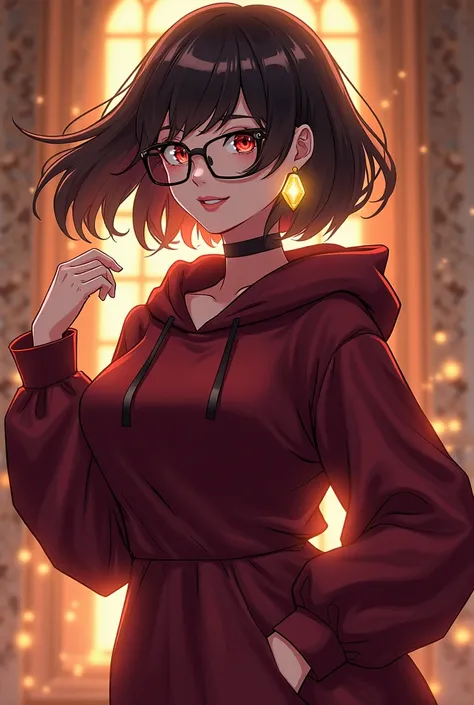 Generate a dp of short hair anime girl with layerlob hair cut ,maron dress,strong ,confident,cut,beautiful with glasses ,hoddie ,glowing ear jewellary ,royal look ,swag ,smart 