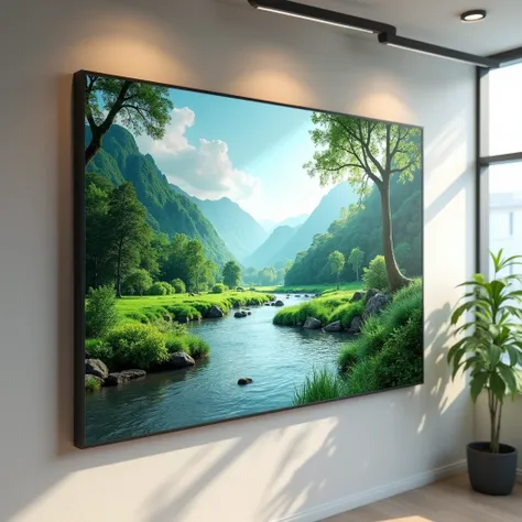 A high-quality, realistic image of a wall-mounted PVC stand, measuring 0.6 x 0.9 meters. The stand features a sleek, modern design with a smooth matte PVC surface. The stand is adorned with vibrant, high-resolution nature-themed images, such as lush landsc...