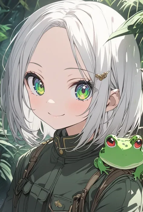 masterpiece, best quality, ultra detailed, a girl, smiling, sitting, looking at viewer, forehead, bob cut, white hair, green eyes, military uniform, in the jungle, cute, kawaii, anime,Surrounded by frog