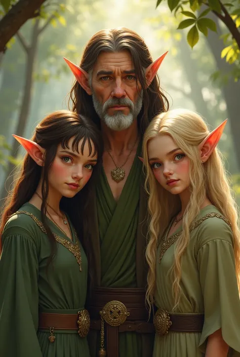 1 old elf with brown long hair 2 elves of the same age ,  one with brown hair and fringes a long blond hair with fringes