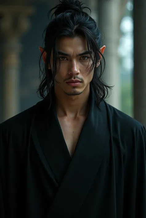 Taehyung as a half elf prince with reddish brown eyes dark hair messy man bun wearing a royal black robe athletic build dark fantasy half elf fire  dark background seductive eyes serious face 