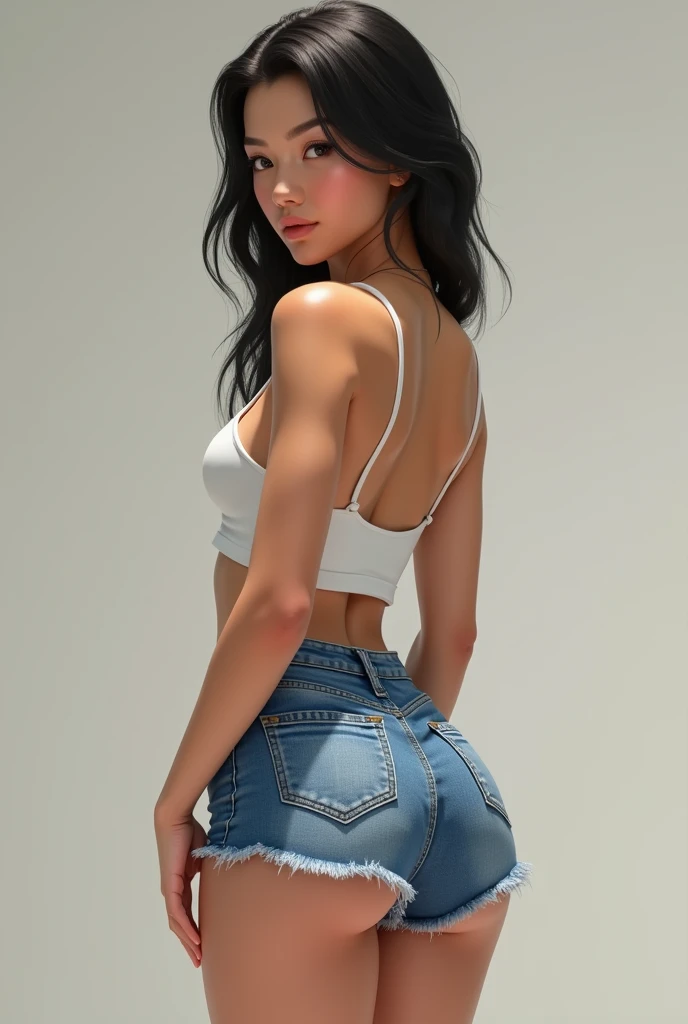 the toned butt of an east asian woman, denim shorts, crop top, she is looking back at the viewer with a confident gaze, photorealistic