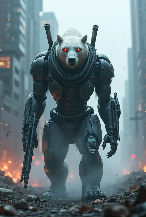  create a 4k quality 3d fantasy picture against the backdrop of a city destroyed by war ,Terminator in the shape of a polar bear with a wide variety of weapons mounted on his body,with menacing red eyes 