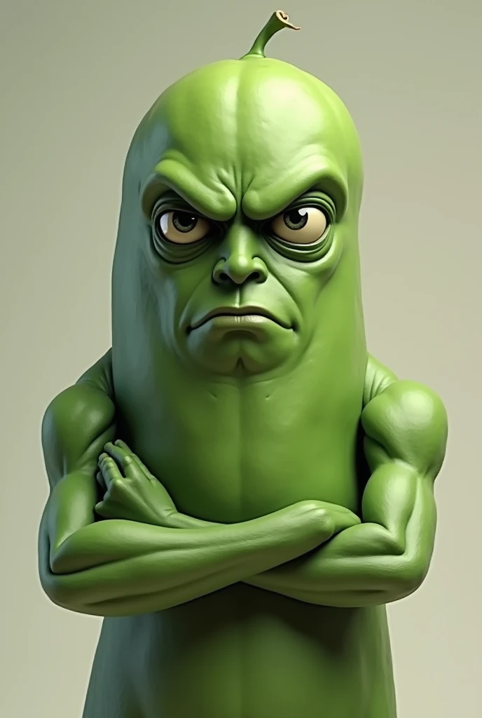 Antropomorphic green bean with very serious facial expression and arms crossed