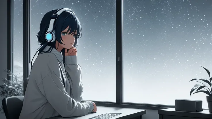 A stylish anime illustration with a lo-fi aesthetic, featuring a young woman wearing sleek headphones, lounging comfortably while gazing out of a window. The outside view shows a snowy night with soft snowflakes falling against a dark blue and gray sky. Th...