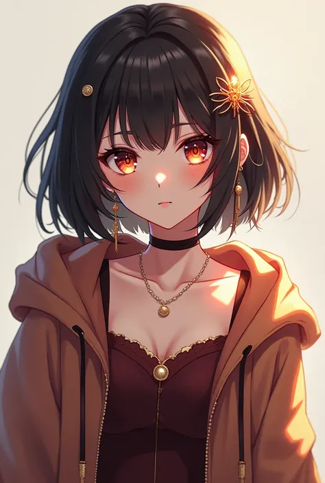 Generate a dp of short hair anime girl with layer  
 lob hair cut ,maron dress,strong ,confident,cut,beatiful ,hoddie ,glowing ear jewellary ,royal look ,swag ,smart 