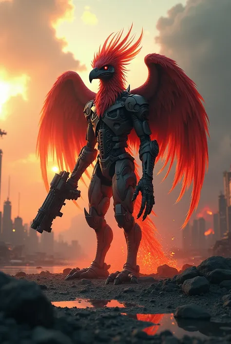  create a 4k quality 3d fantasy picture against the backdrop of a city destroyed by war ,Terminator in the shape of a flaminggo bird with a wide variety of weapons mounted on its body,with menacing red eyes 