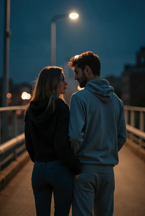 "A romantic couple standing on a bridge at night with a moody, urban atmosphere. The woman is dressed in a black hoodie, looking back over her shoulder, while the man is wearing a gray tracksuit with the hood up, slightly covering his face. Streetlights il...