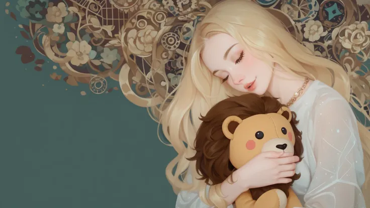  A blonde hair straight long hair Girl . holding cute lion plush doll. girl hair very long .The background is a pattern consisting of a geometric arrangement, background abstract , Gustav Klimt style , low brightness ,Milky color , golden straight hair ,fa...