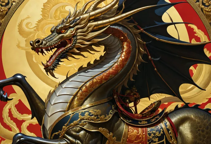   close-up of a poster depicting a dragon on a horse, Garaboto ,  Calvasio , Inspired by Kano Hogai,  Dracengard Style ,  Glo Art ,  Caravaggio , tarot card the  Chariot ,  Golden Dragon Bone , Phone Wallpaper ,  Hugo Carliss Glotus  ,  Target Nar ,  Chari...