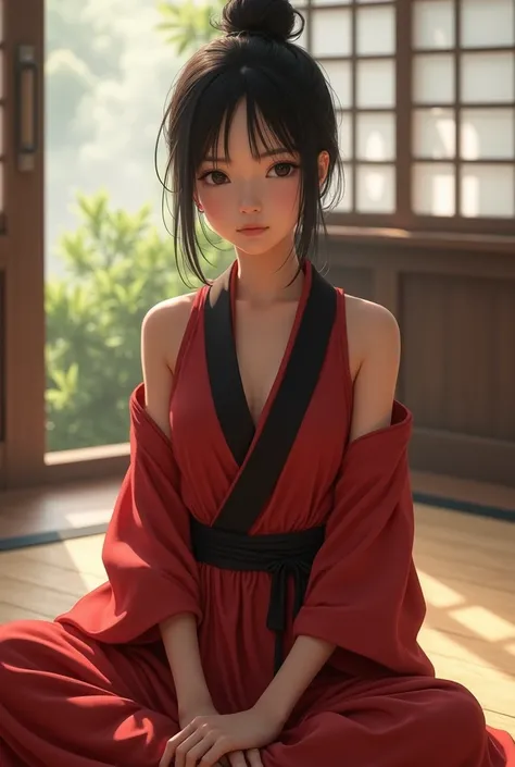 asian girl sitting in dojo, Her outfit is red, sleeveless and with a black stripe in the middle diagonally like a kimono 