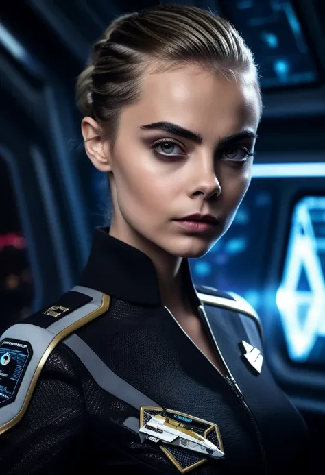 A drop dead gorgeous Cara Delevingne in a star trek starfleet uniform, short hair twisted half-up half-down, both hands at the zipper unzipping the uniform revealing sexy cleavage and sexy black lace bra, upper text with title ""Join the fleet"", backgroun...