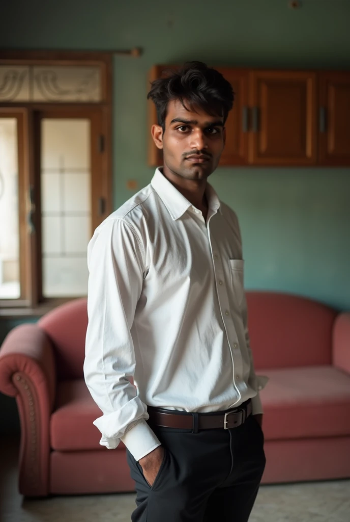 An Indian men is standing in an old Indian house.he is Poor. He is 25 years old and behind him there is sofa, furniture, window, cupboard etc. His background is blurred. He is standing and he is wearing a white shirt and black trousers.he is looking forwar...