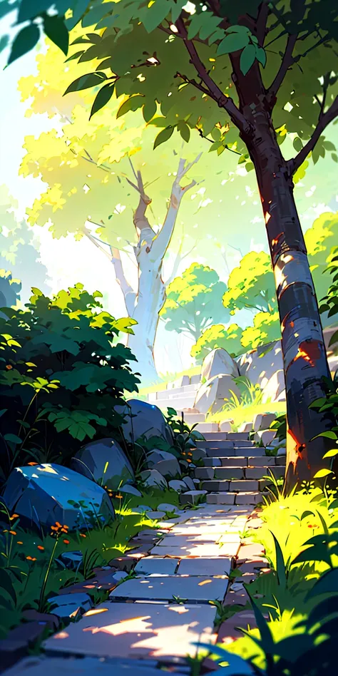 Serene outdoor scene in anime style inspired by Makoto Shinkai and Overwatch official art. Features a stone pathway bordered by lush greenery, leading to a sunlit area. Dense foliage with vibrant green, yellow, and purple hues creates a tranquil, dreamy at...