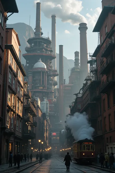  top quality ,  Ultra Fine,  very detailed, masterpiece,  wins numerous awards,  dense factory area in operation 、 steam is blowing out all over、 spectacular atmosphere 、 industrial 、scenery、Machine sounds echoing through 