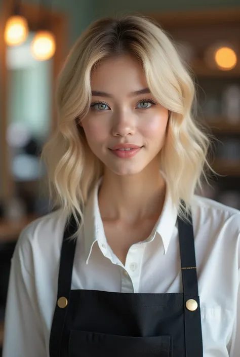 Korean 24 year old blonde blue eyes rosy mouth at work as a hairdresser wearing work clothes at the beauty salon 1.67 beautiful 4k poses doing on clients hair 