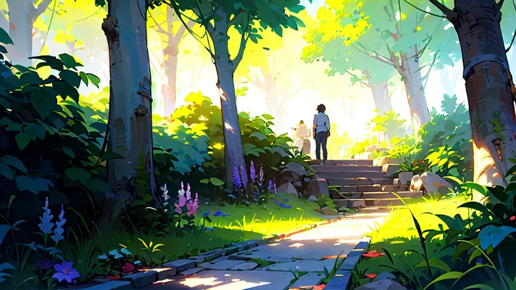 Serene outdoor scene in anime style inspired by Makoto Shinkai and Overwatch official art. Features a stone pathway bordered by lush greenery, leading to a sunlit area. Dense foliage with vibrant green, yellow, and purple hues creates a tranquil, dreamy at...