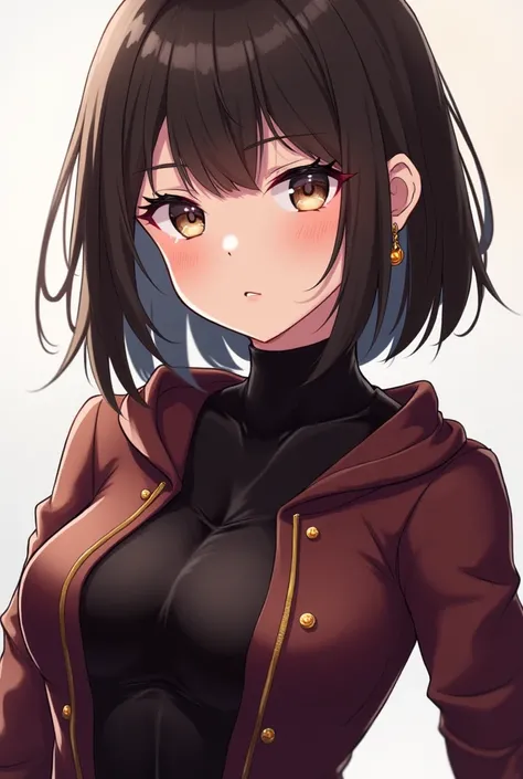 Generate a dp of short hair anime girl with layerlob hair cut ,maron dress,strong ,confident,cut,beautiful without glasses ,hoddie ,glowing ear jewellary ,royal look ,swag ,smart ,tourtal neck inner 