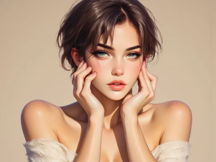 A beautiful woman with short, fluffy and messy hair, exuding a natural and casual temperament. Her eyes are bright, she is wearing a revealing loose off-white knitted sweater, the woman is slightly sideways, gently holding her cheeks with her hands, the co...