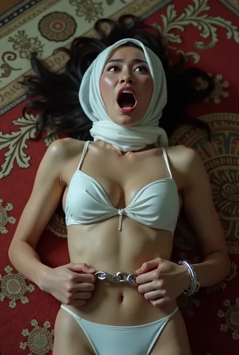 Beautiful 20yo Indonesian schoolgirl with white skin, wearing hijab,on the carpet ,wear a thin bikini in white,bulging eyes, head looked up ,handcuffed hands,screaming and screaming in fear while lying down,slimy wet mouth,HD image,full body photo, full bo...