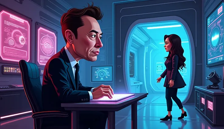 Caricature of a dark, futuristic room. Elon Musk sits at a desk, typing rapidly on a holographic keyboard, big-headed Kamala Harris walks in, exaggerated features, cartoon style, vibrant colors.