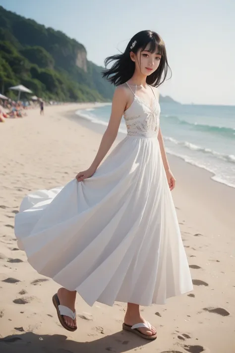 beach　 Black Hair Long Straight 　white long skirt dress　Young girl　　Sandals　 Japanese