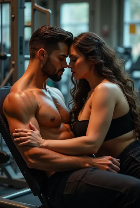  Very handsome naked muscular trainer, a tanned young man is lying on exercise equipment. Obese woman with makeup seduces muscular man. Very realistic expression at the gym 